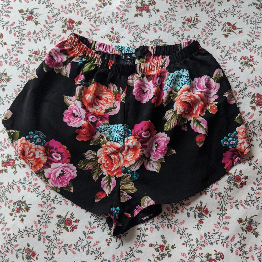 Floral Black Silky Summer Shorts